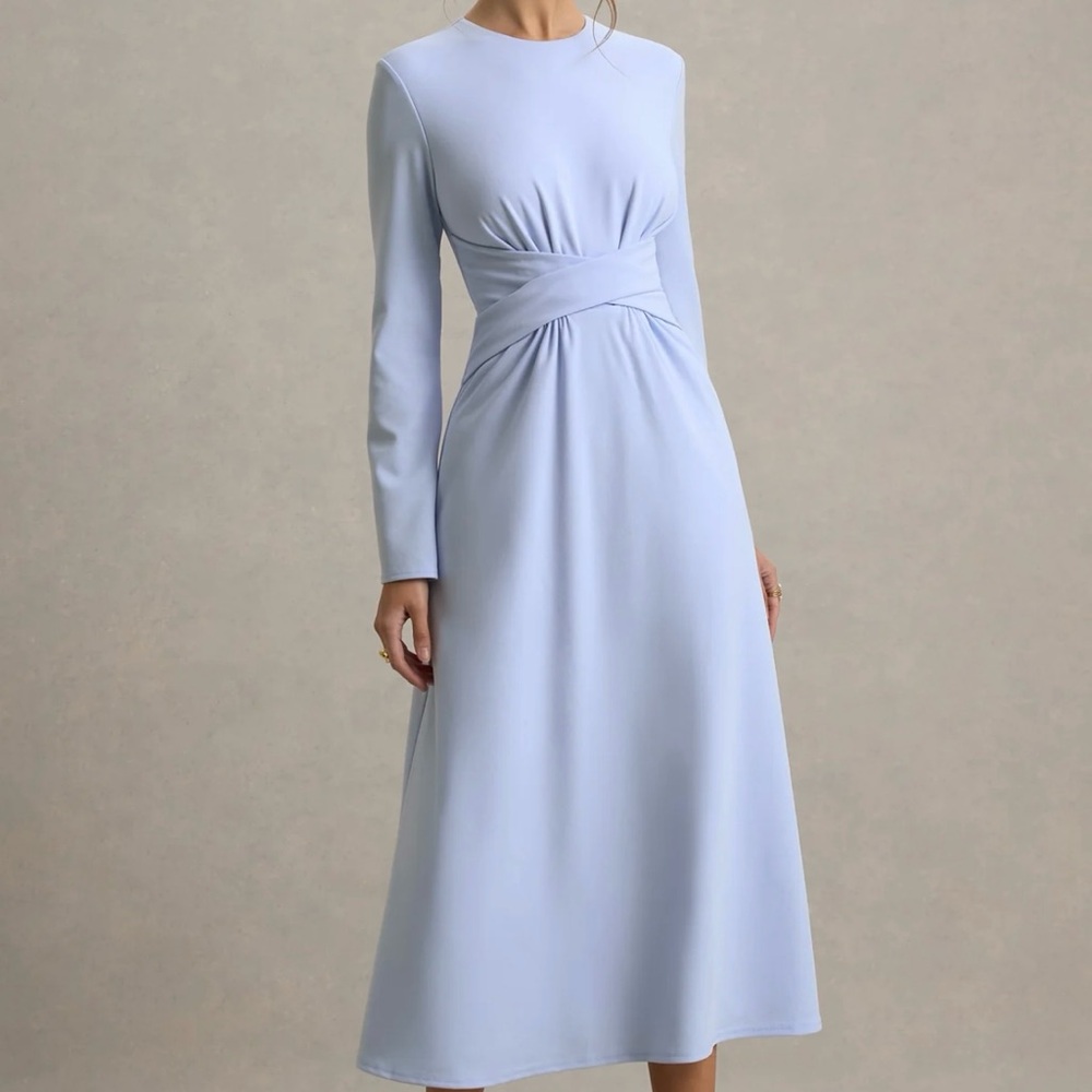 Chic Sky Blue Midi Dress with Long Sleeves